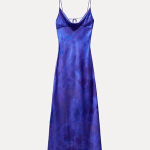 BLUE SATIN EFFECT PRINTED MAXI DRESS